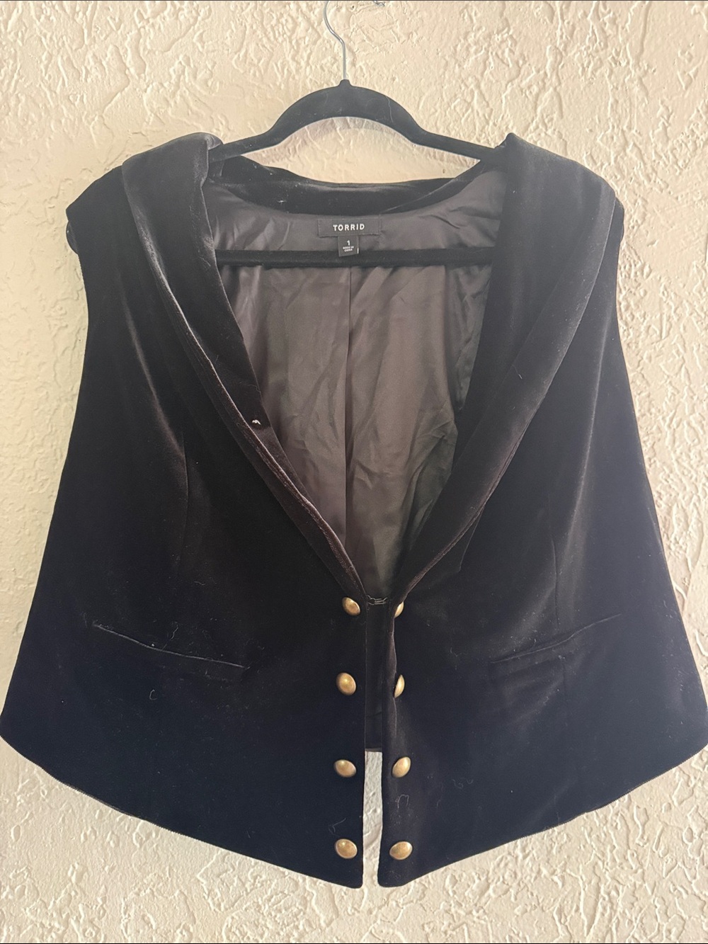 torrid Black Velvet Cape Vest with Gold Buttons